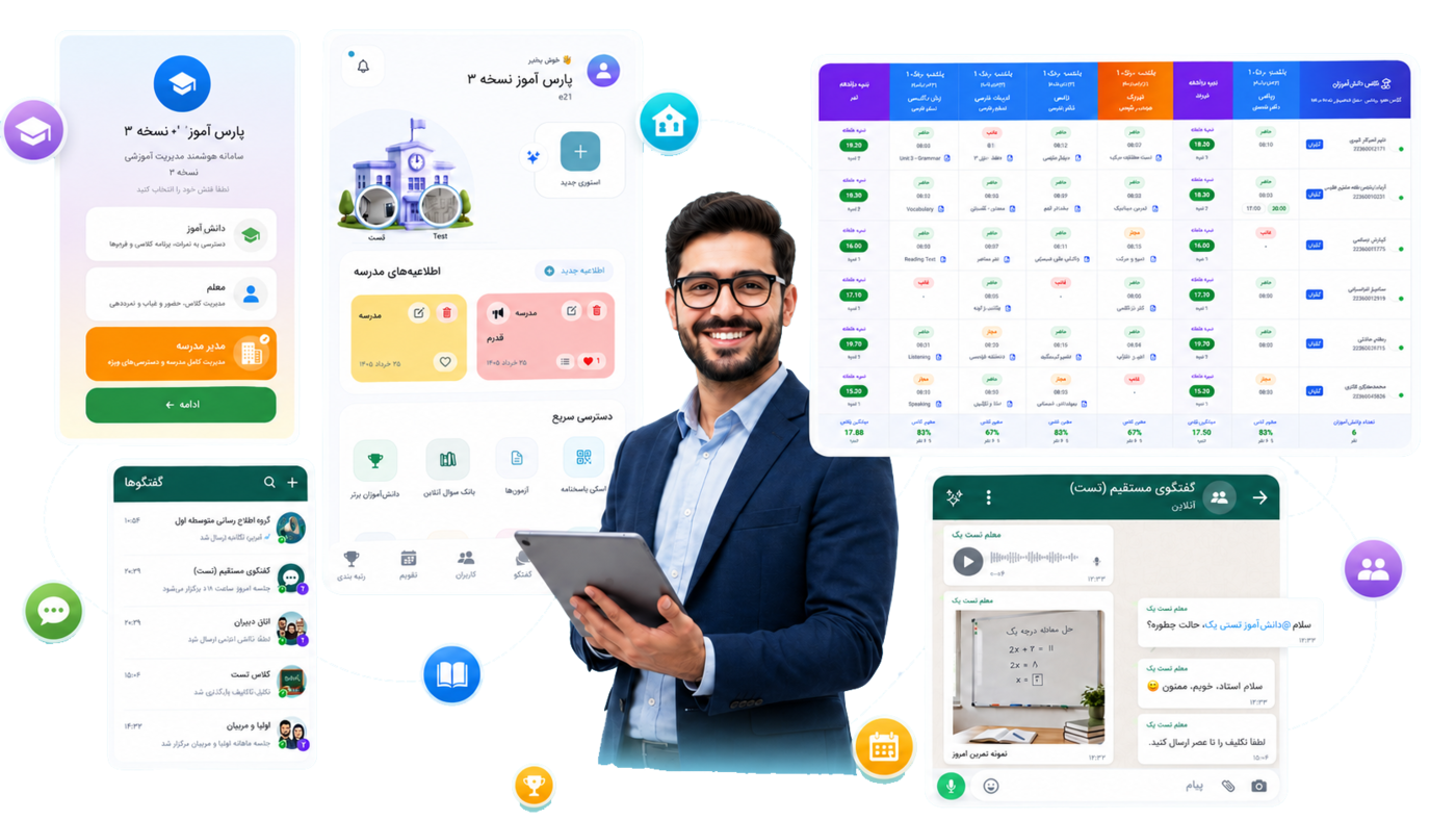 نمای کلی پارس آموز؛ اپلیکیشن موبایل (انتخاب نقش و صفحهی اصلی)، دفتر نمره و حضور و غیاب کلاس، و گفتگوهای مدرسه در وب و موبایل